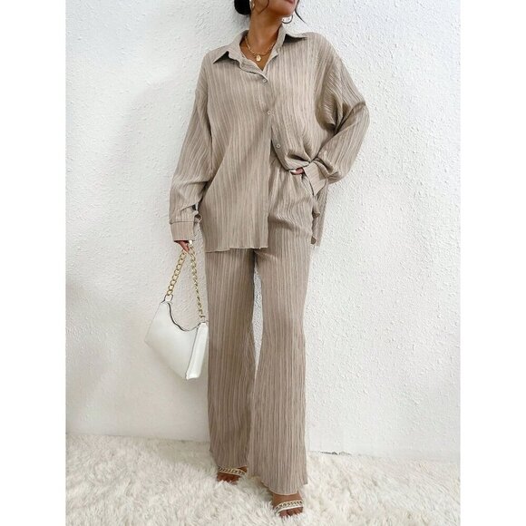 2 piece set: button down shirt & wide leg pants textured black - Picture 4 of 8